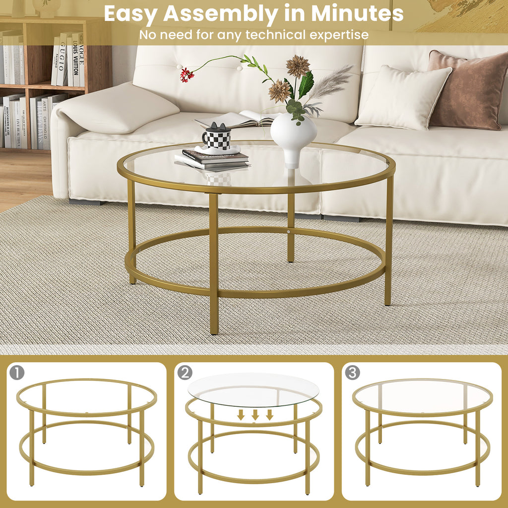 35.5 Inch Round Coffee Table with Tempered Glass Tabletop - Golden