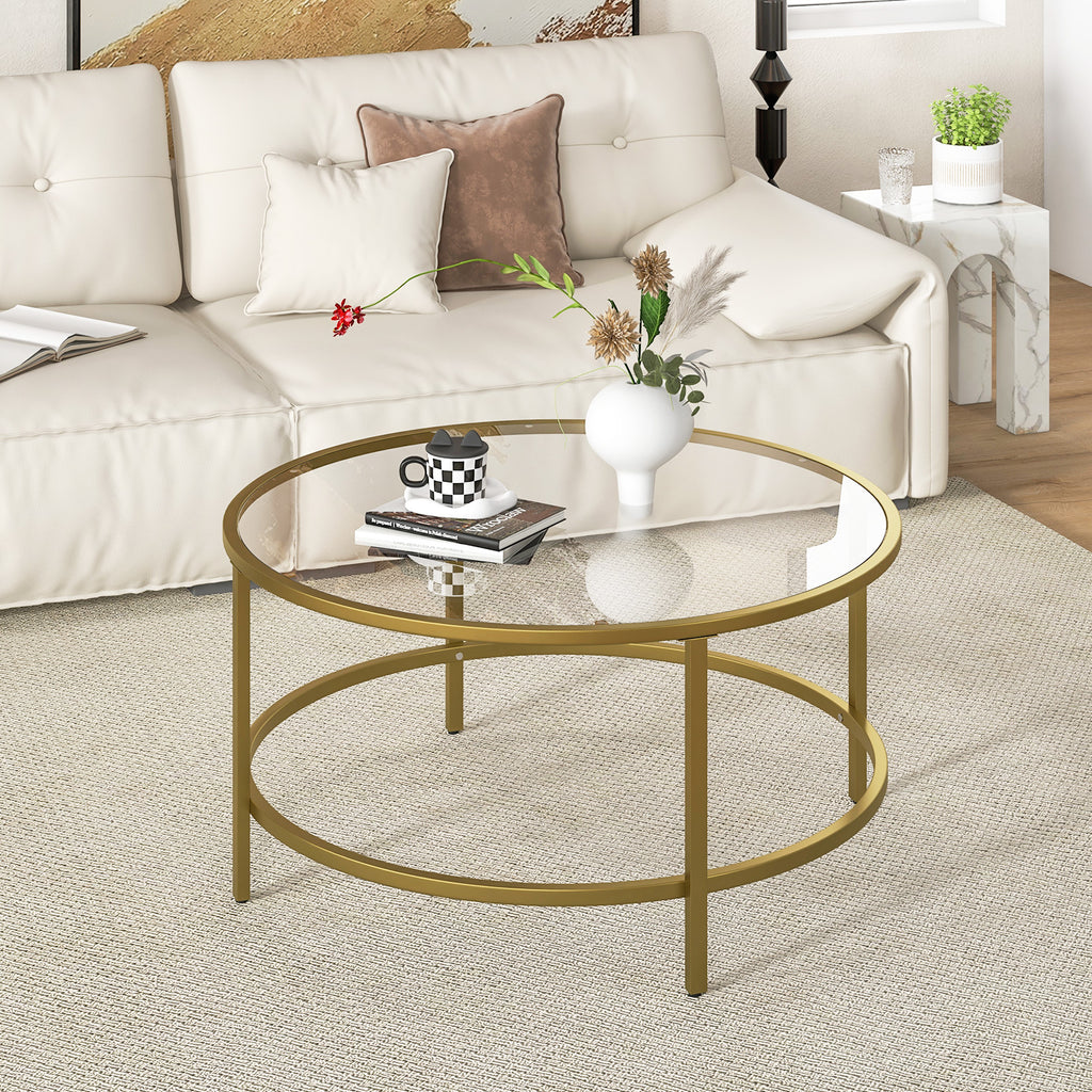 35.5 Inch Round Coffee Table with Tempered Glass Tabletop - Golden