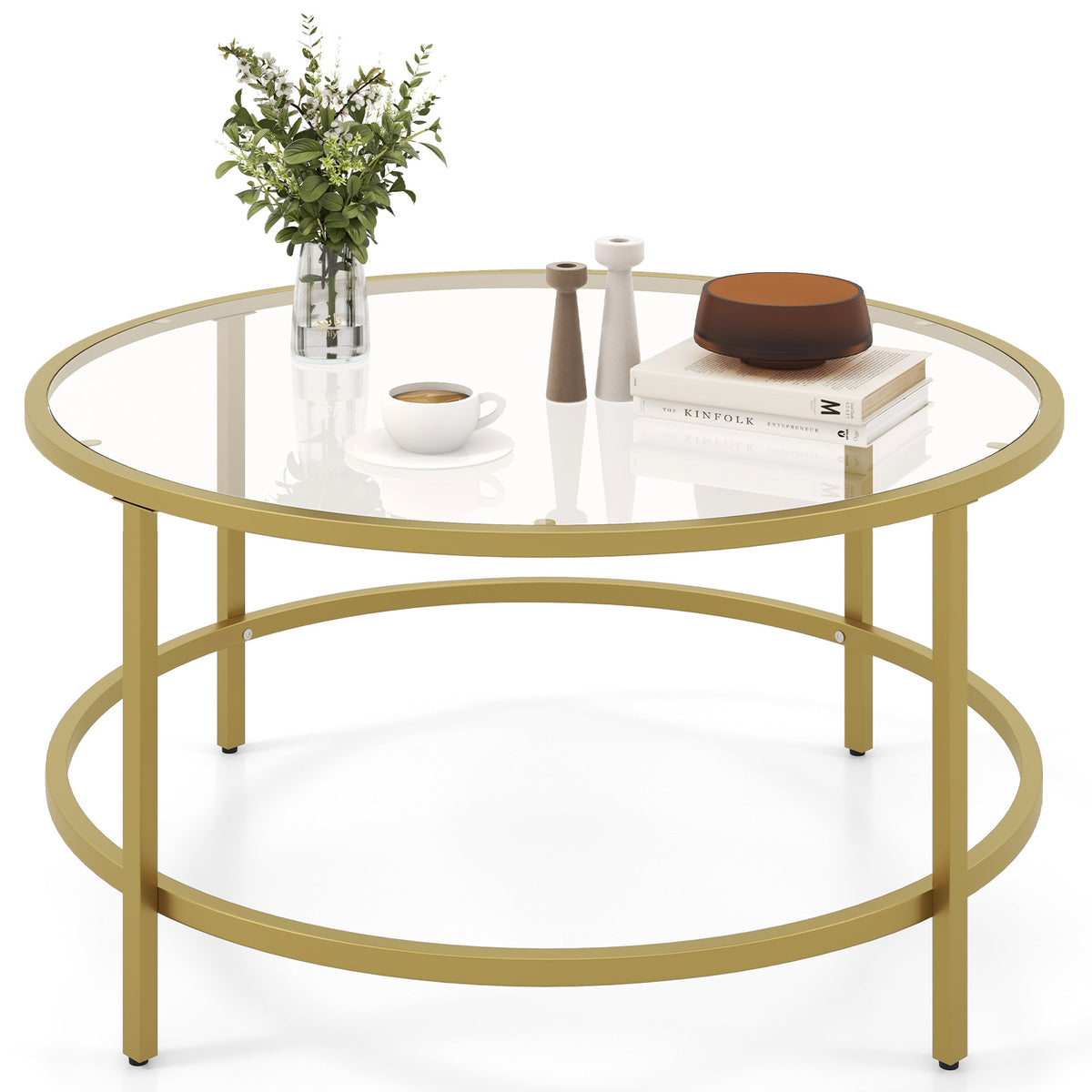 35.5 Inch Round Coffee Table with Tempered Glass Tabletop - Golden