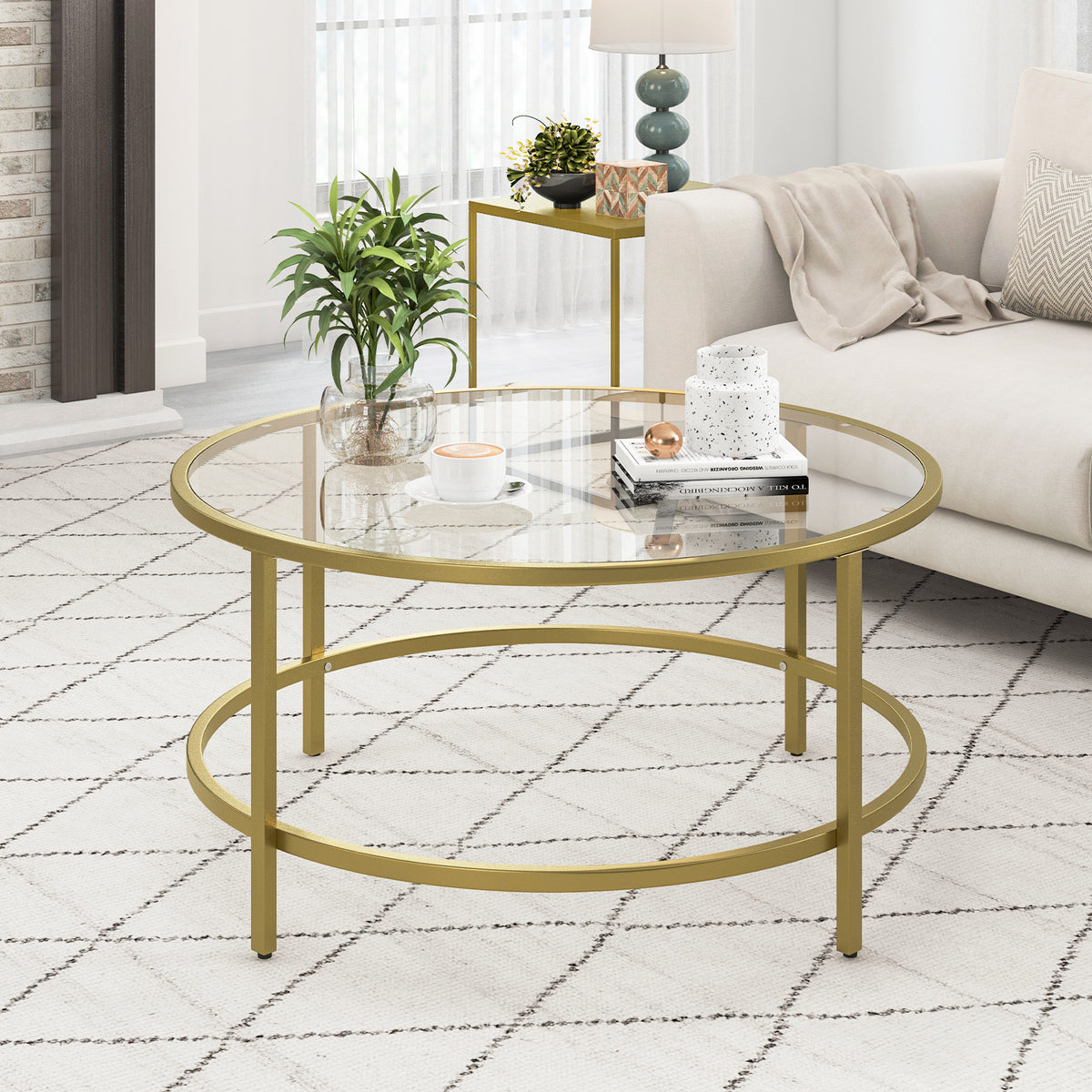 35.5 Inch Round Coffee Table with Tempered Glass Tabletop - Golden
