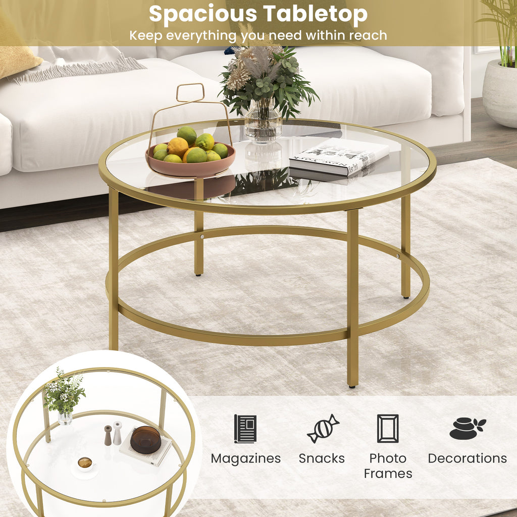 35.5 Inch Round Coffee Table with Tempered Glass Tabletop - Golden