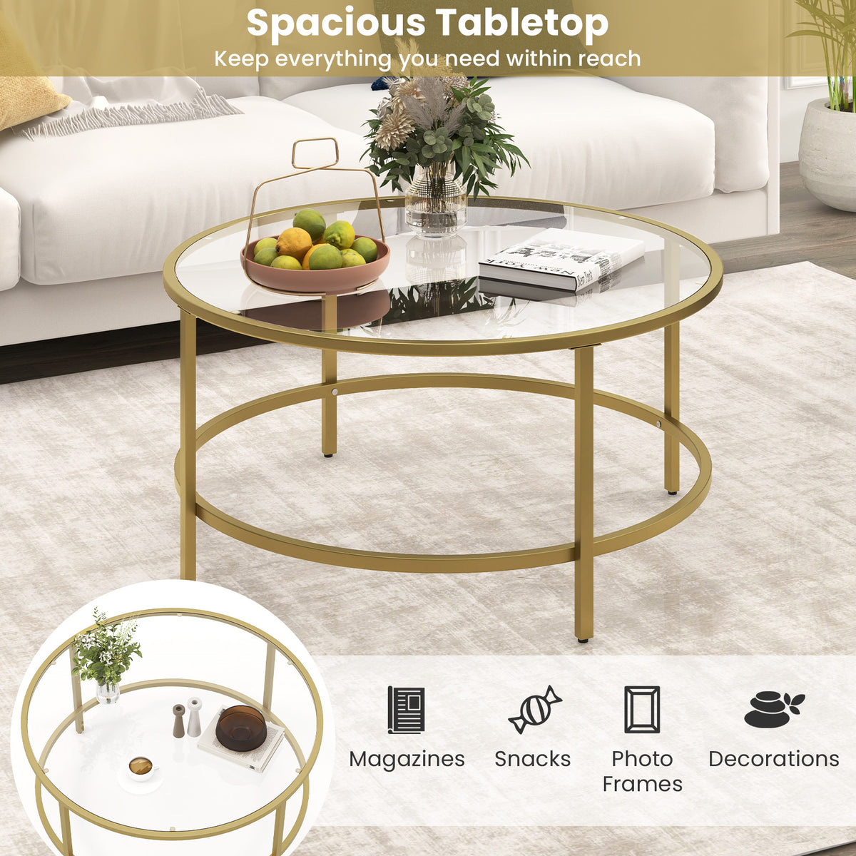 35.5 Inch Round Coffee Table with Tempered Glass Tabletop - Golden