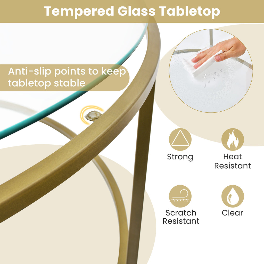35.5 Inch Round Coffee Table with Tempered Glass Tabletop - Golden