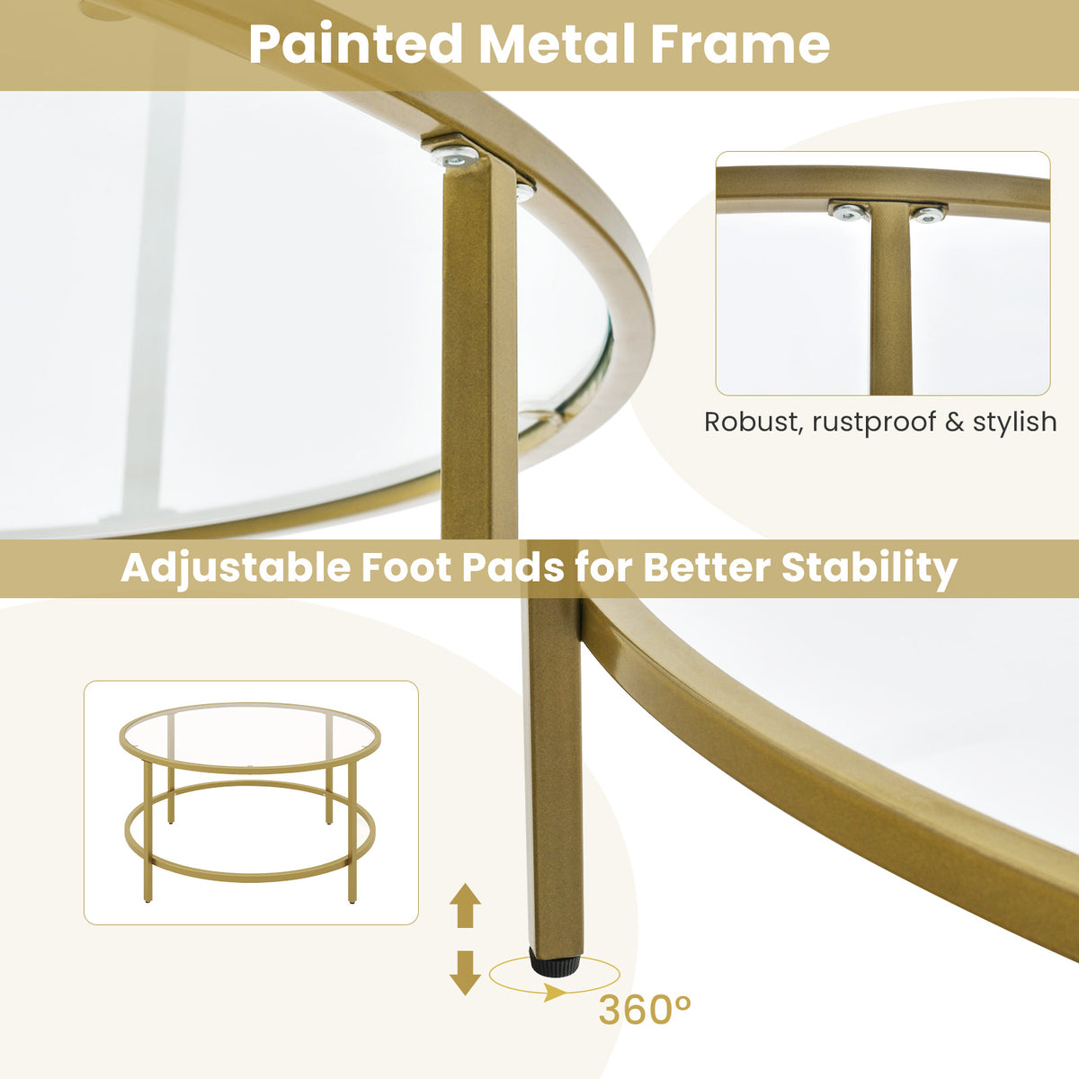 35.5 Inch Round Coffee Table with Tempered Glass Tabletop - Golden