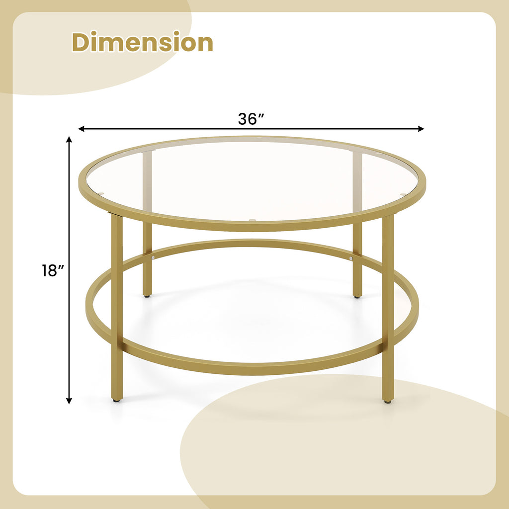 35.5 Inch Round Coffee Table with Tempered Glass Tabletop - Golden