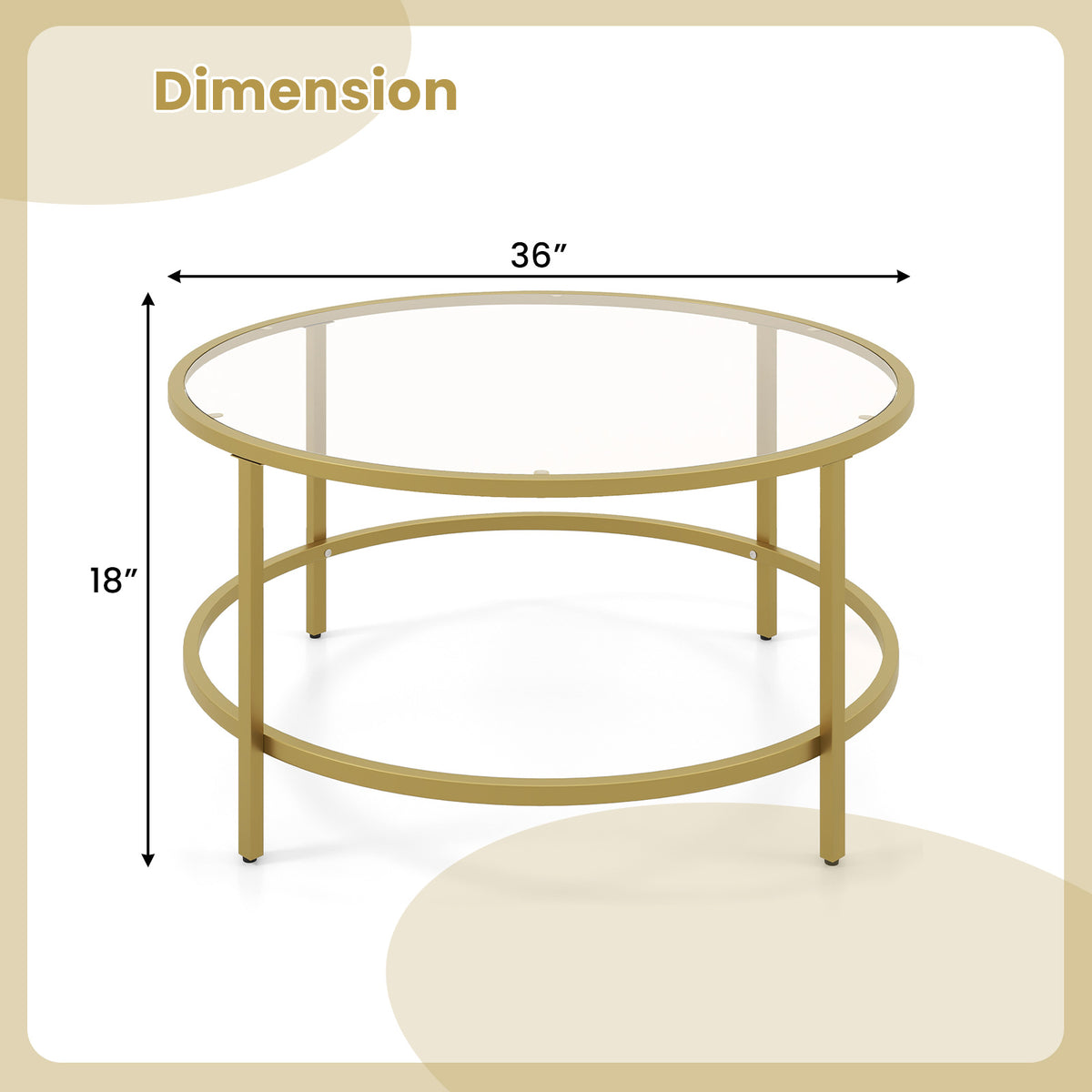 35.5 Inch Round Coffee Table with Tempered Glass Tabletop - Golden