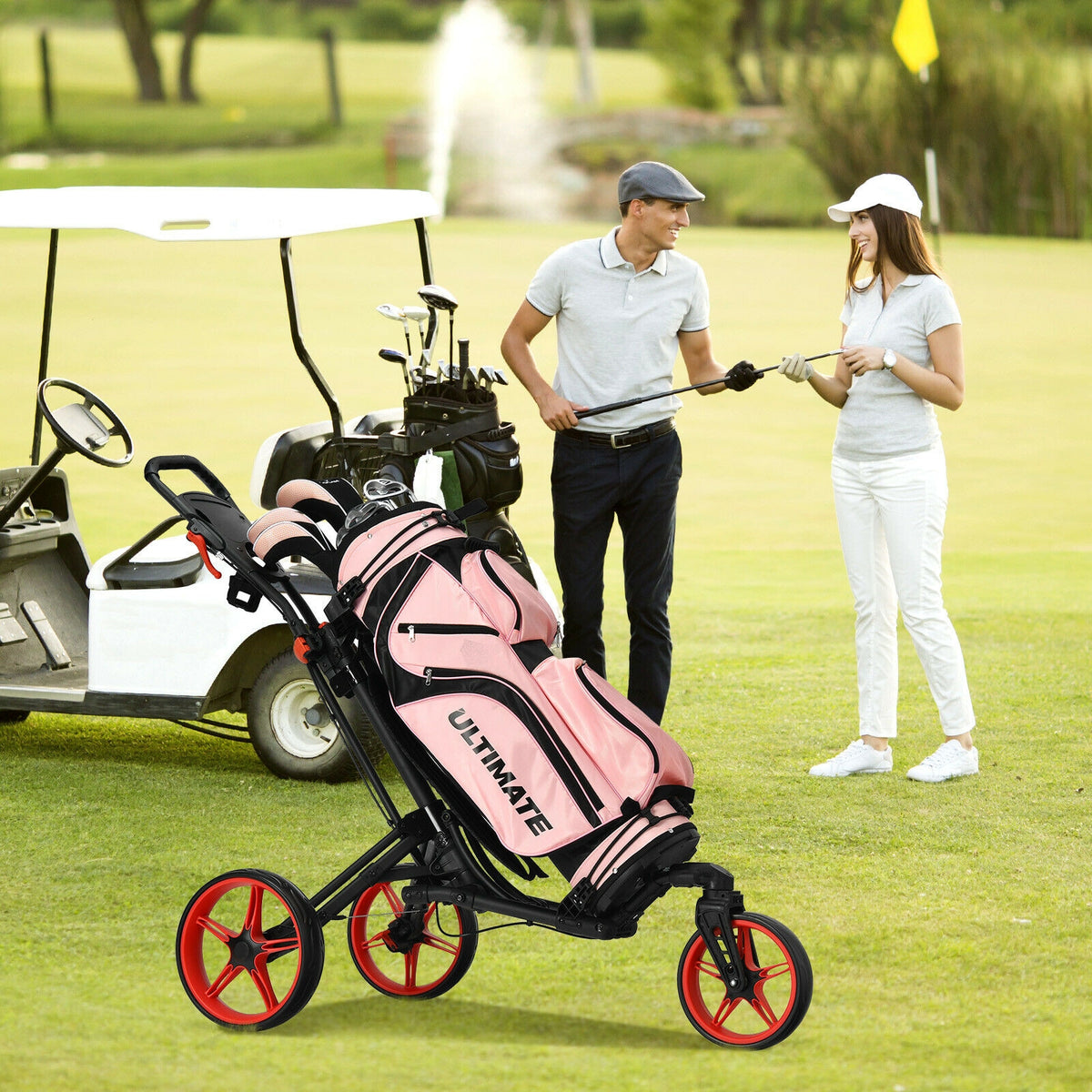 Red 3 Wheel Folding Golf Push Cart with Scoreboard & Adjustable Handle