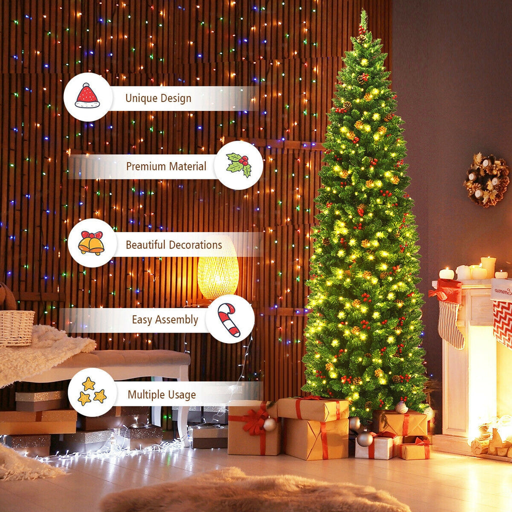 7.5 Ft Pre-Lit Slim Christmas Tree with Pine Cones & Red Berries