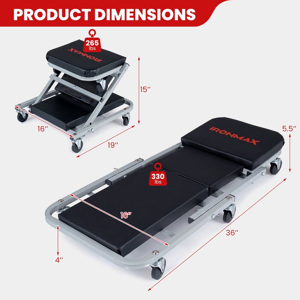 36" 2-in-1 Mechanic Creeper and Z-Seat with 6 Swivel Casters