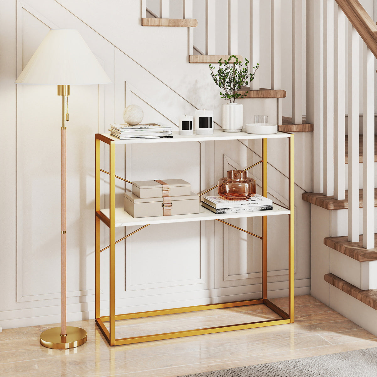36" Console Table 2-Tier Entryway Table with Open Shelves - White