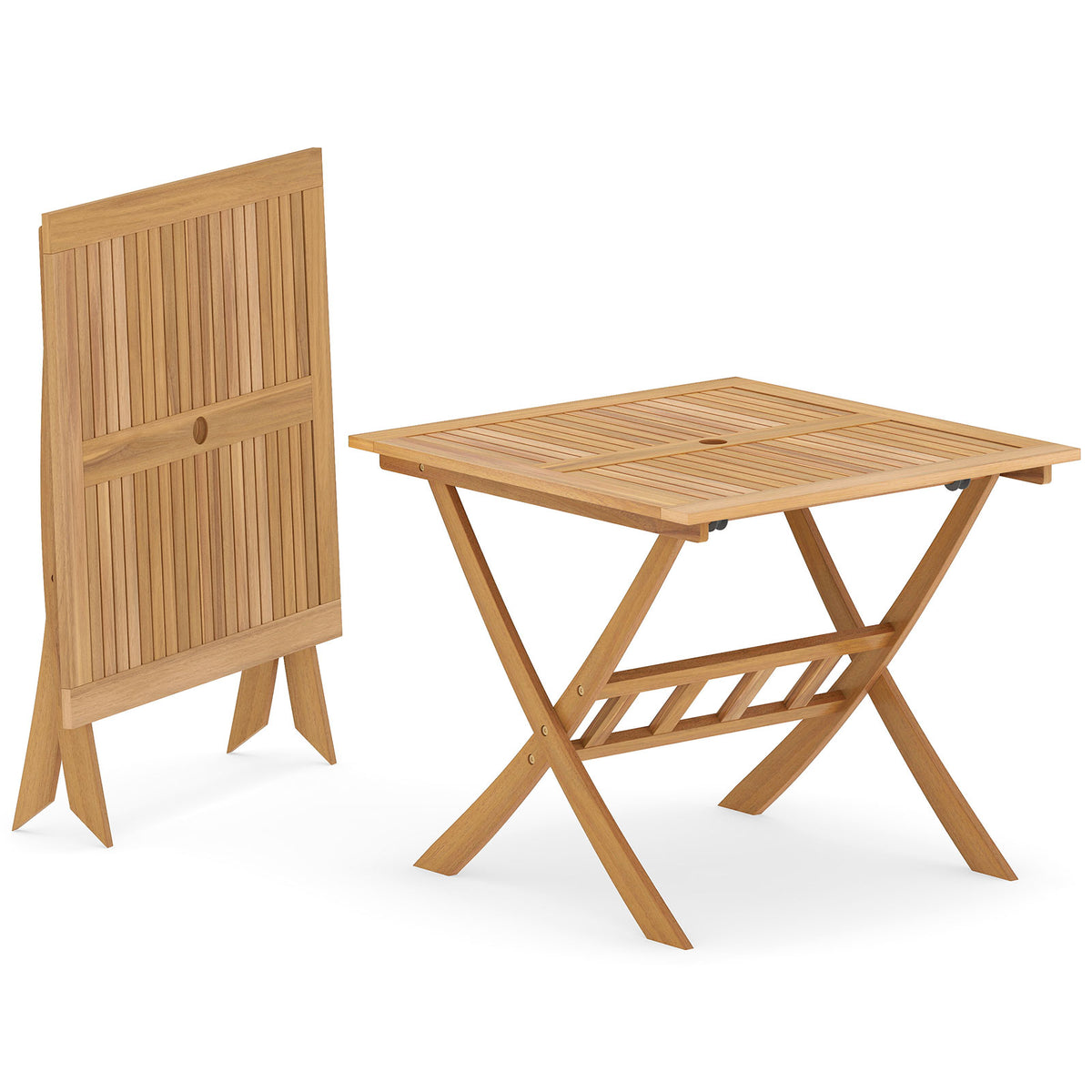36-Inch Acacia Wood Folding Patio Dining Table with Umbrella Hole for