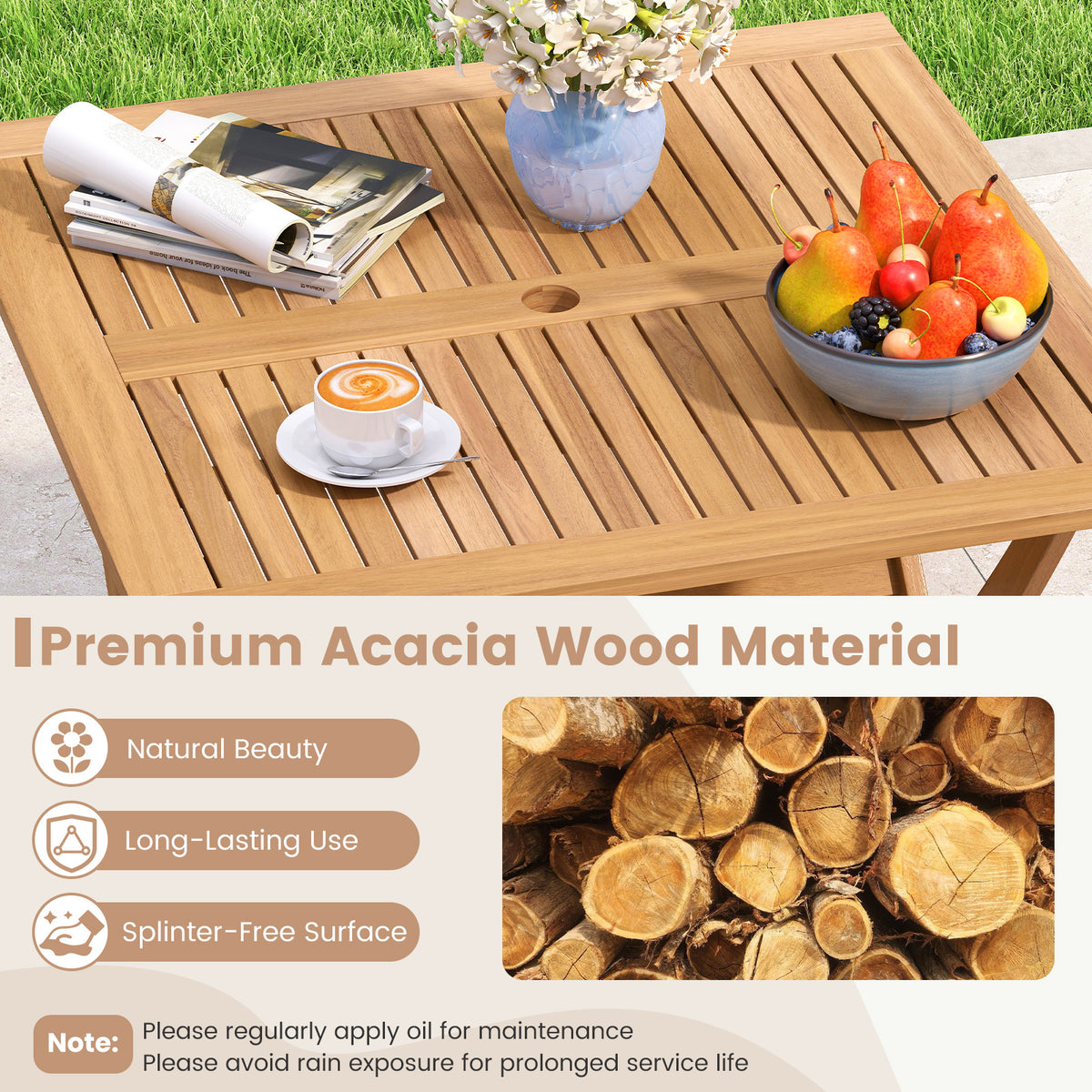 36-Inch Acacia Wood Folding Patio Dining Table with Umbrella Hole for