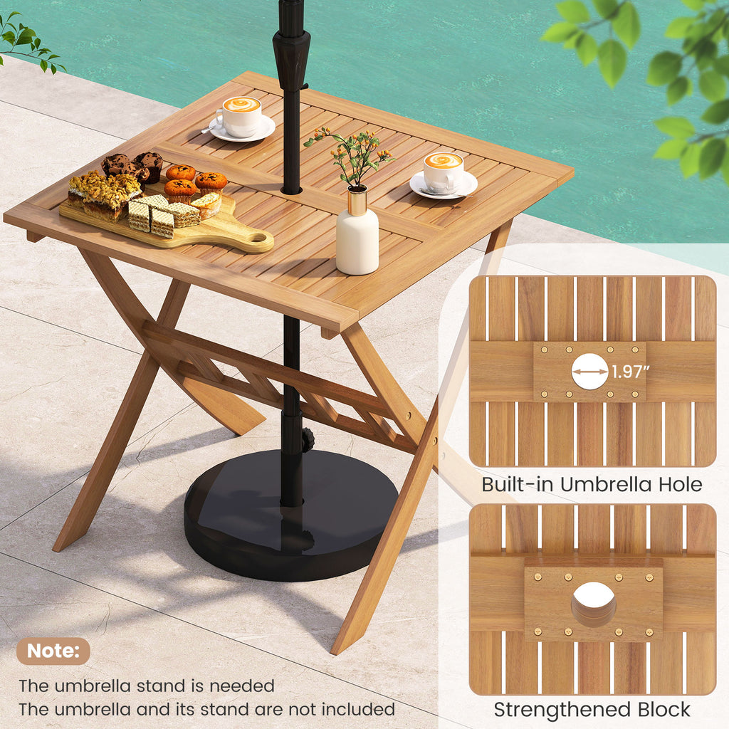 36-Inch Acacia Wood Folding Patio Dining Table with Umbrella Hole for