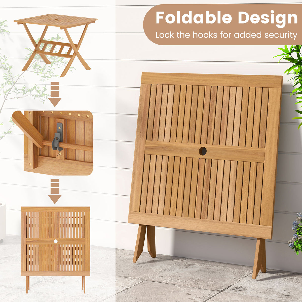 36-Inch Acacia Wood Folding Patio Dining Table with Umbrella Hole for