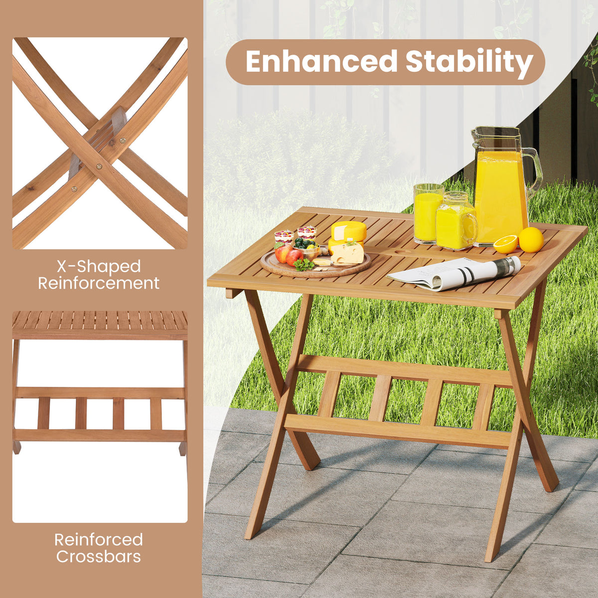 36-Inch Acacia Wood Folding Patio Dining Table with Umbrella Hole for