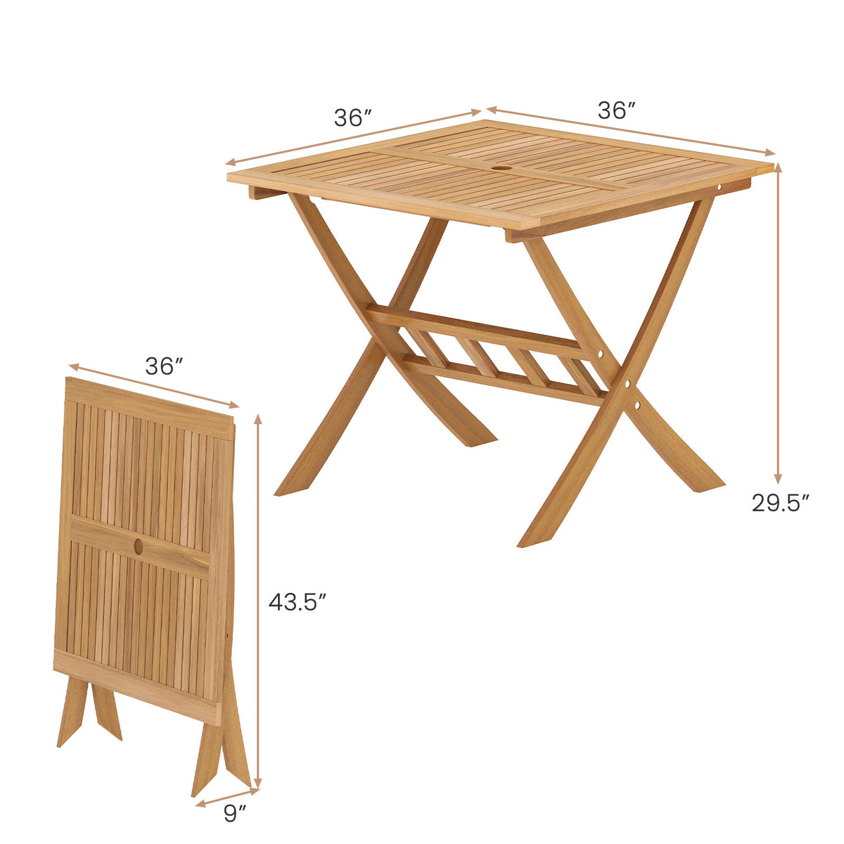 36-Inch Acacia Wood Folding Patio Dining Table with Umbrella Hole for