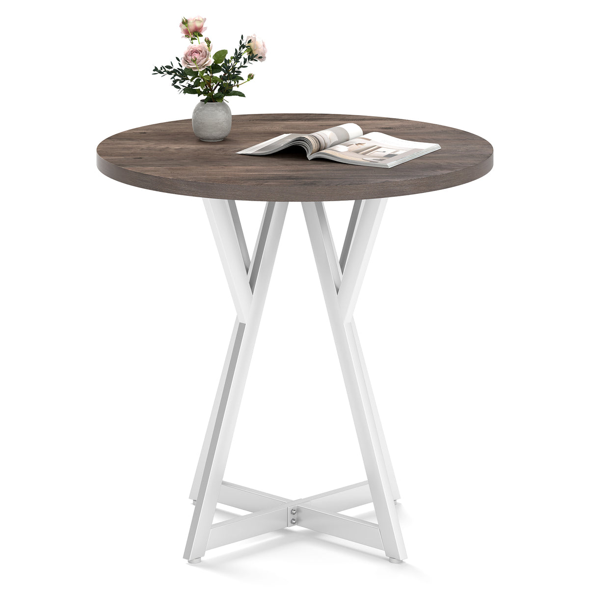 36 Inch Round Dining Table with Metal Pedestal - Rustic Brown