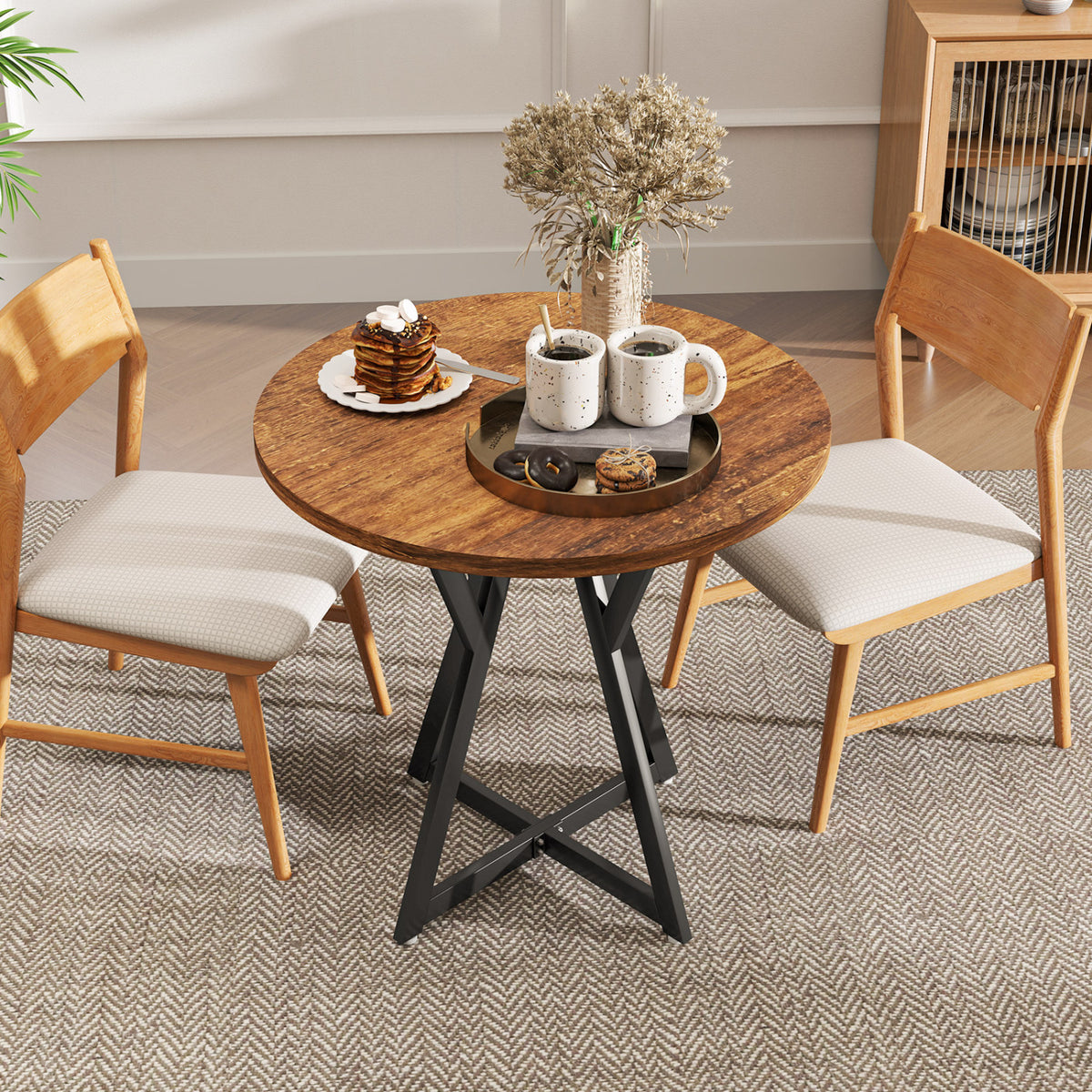 36" Round Dining Table with Metal Pedestal Base - Rustic Brown