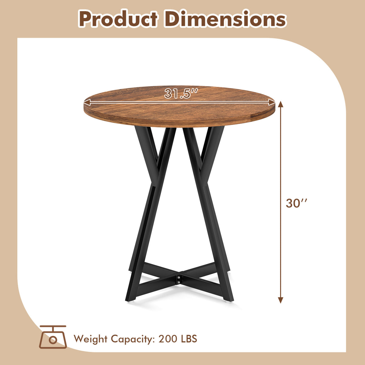 36 Inch Round Dining Table with Metal Pedestal - Rustic Brown