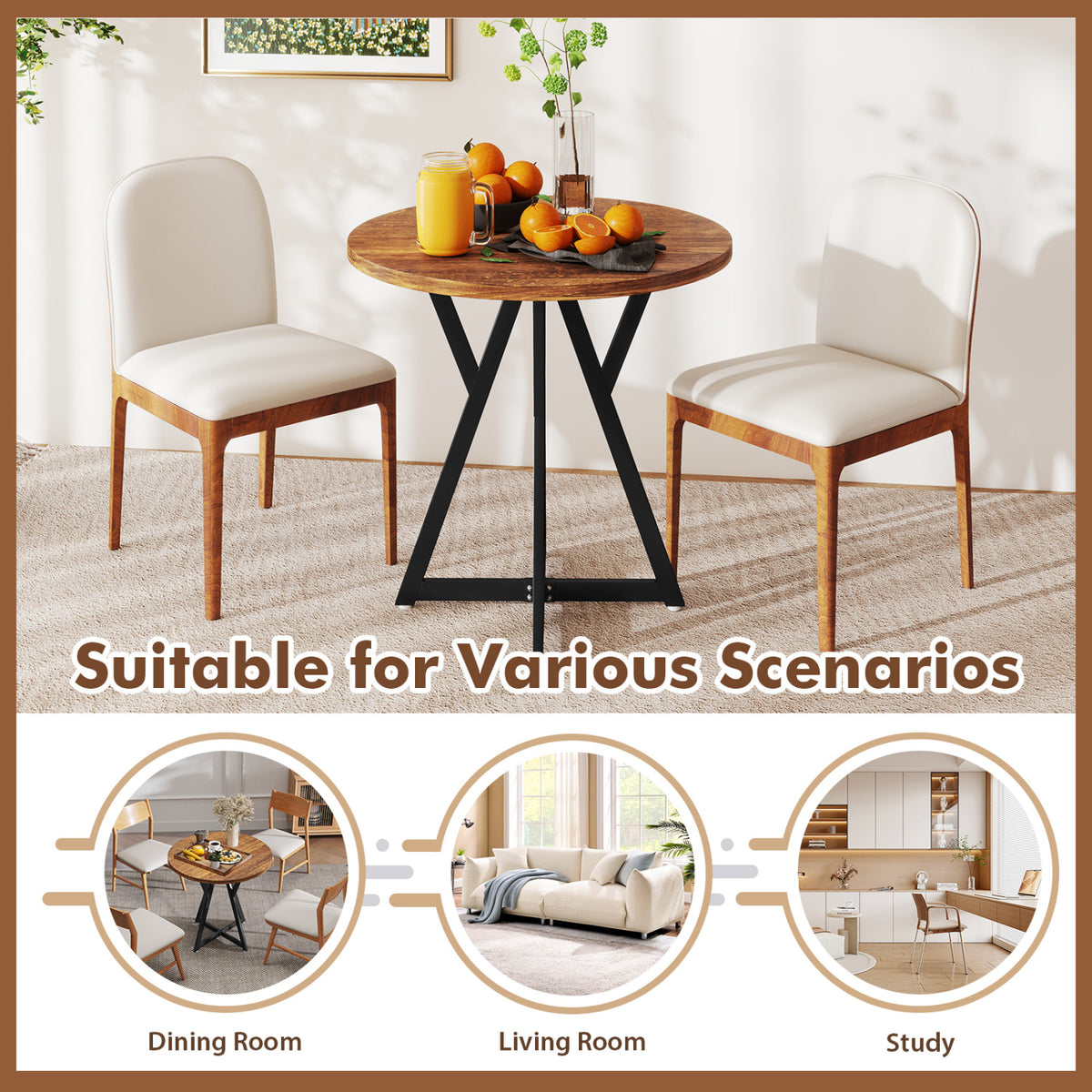 36 Inch Round Dining Table with Metal Pedestal - Rustic Brown