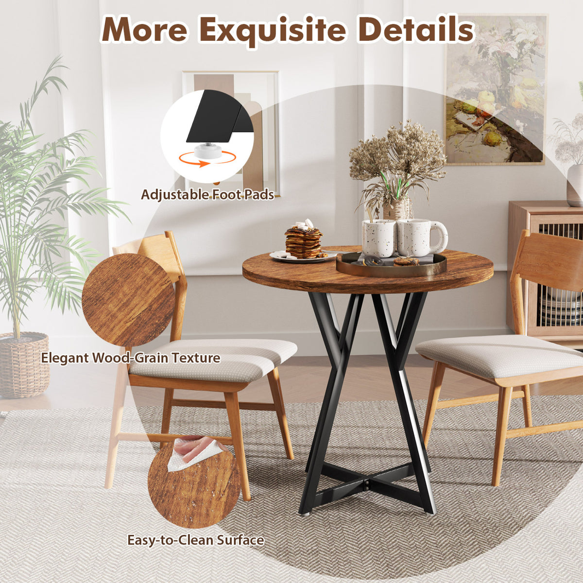 36 Inch Round Dining Table with Metal Pedestal - Rustic Brown
