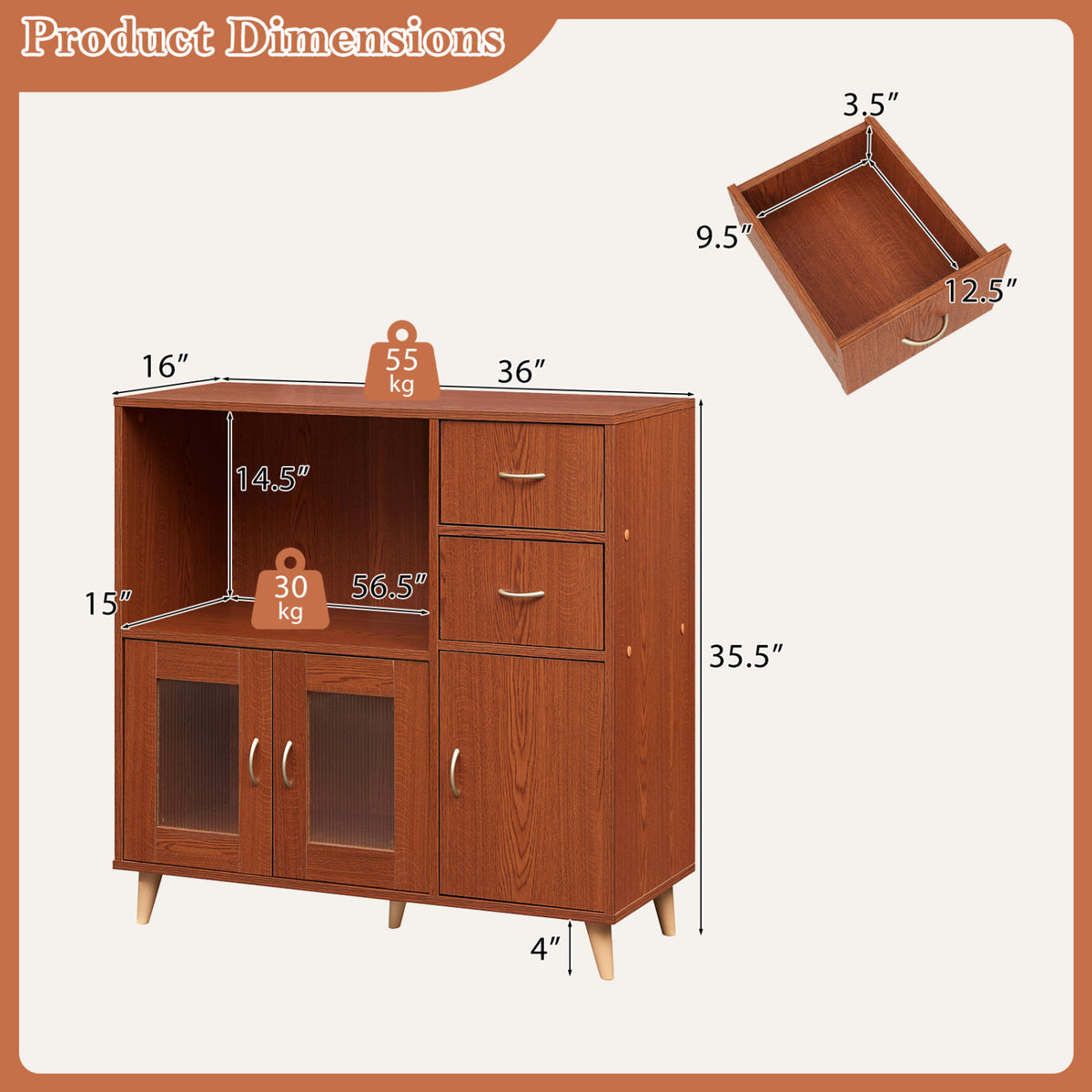 36 Inch Sideboard Buffet Cabinet with Open Compartment - Brown