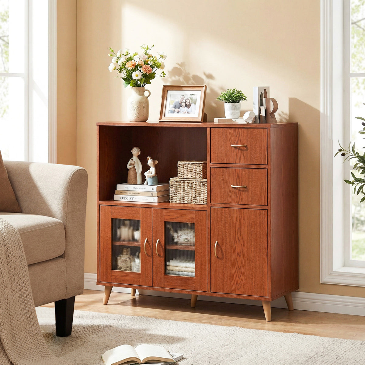 36 Inch Sideboard Buffet Cabinet with Open Compartment - Brown