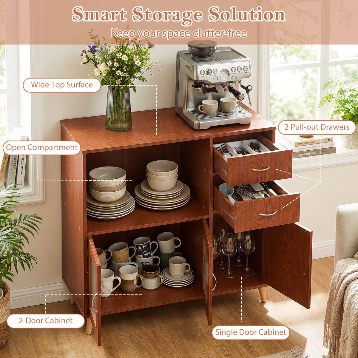 36 Inch Sideboard Buffet Cabinet with Open Compartment - Brown