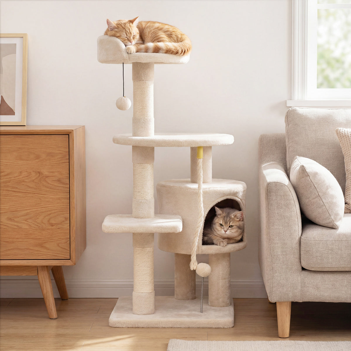 36 Inch Tall Kitten Tower with Condo and Plush Perch - Beige Variation
