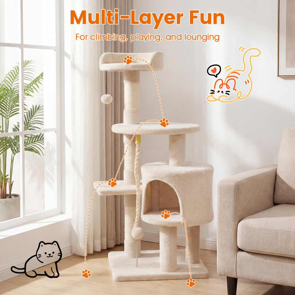 36 Inch Tall Kitten Tower with Condo and Plush Perch - Beige Variation