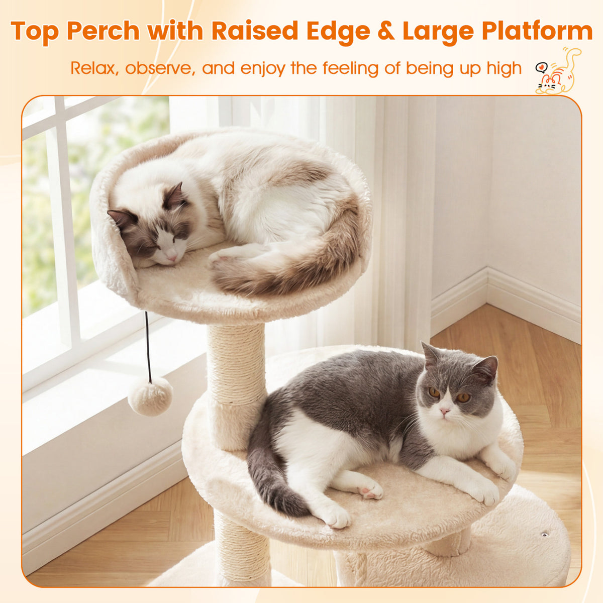 36 Inch Tall Kitten Tower with Condo and Plush Perch - Beige Variation