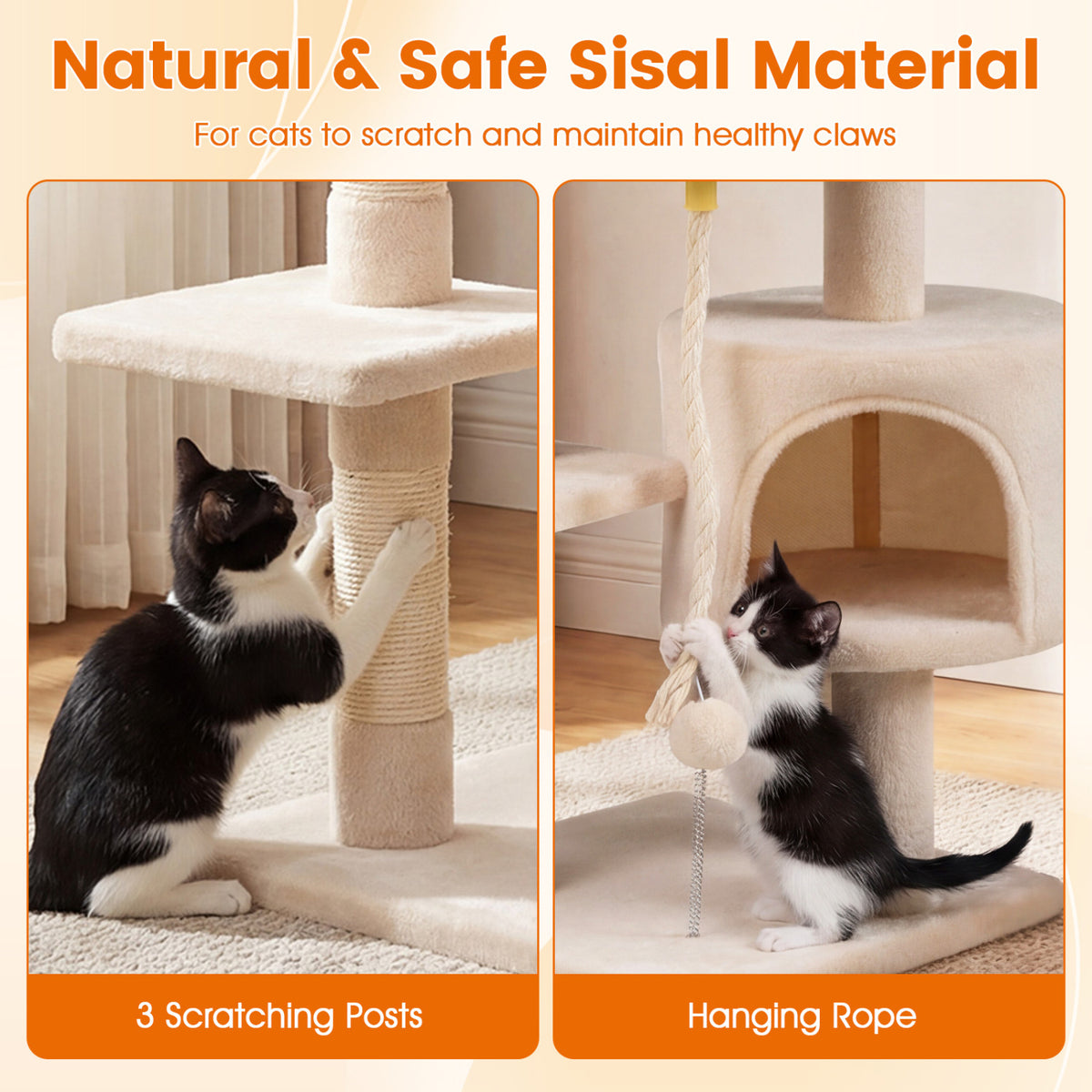 36 Inch Tall Kitten Tower with Condo and Plush Perch - Beige Variation