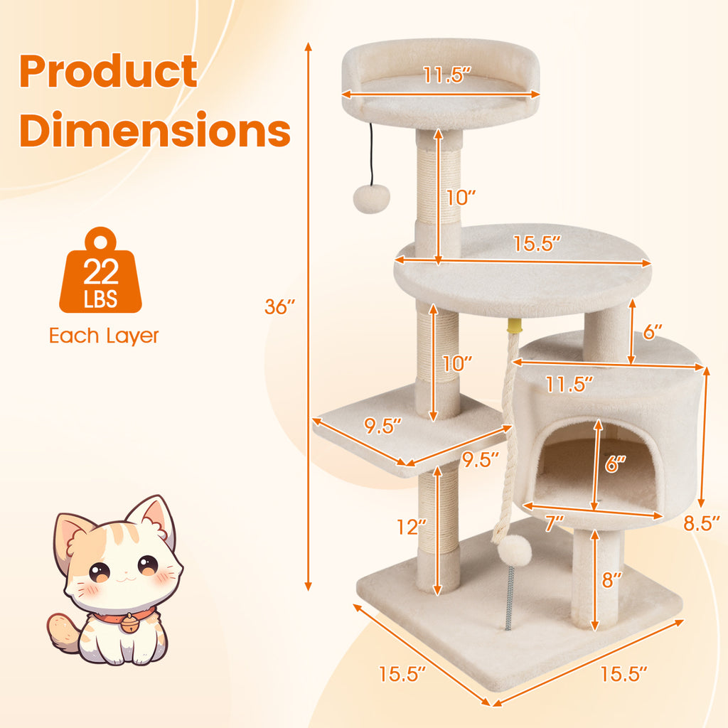 36 Inch Tall Kitten Tower with Condo and Plush Perch - Beige Variation