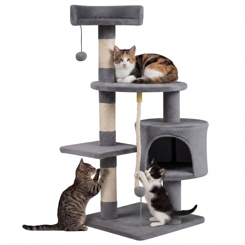 36 Inch Tall Kitten Tower with Condo and Plush Perch - Light Gray Variation