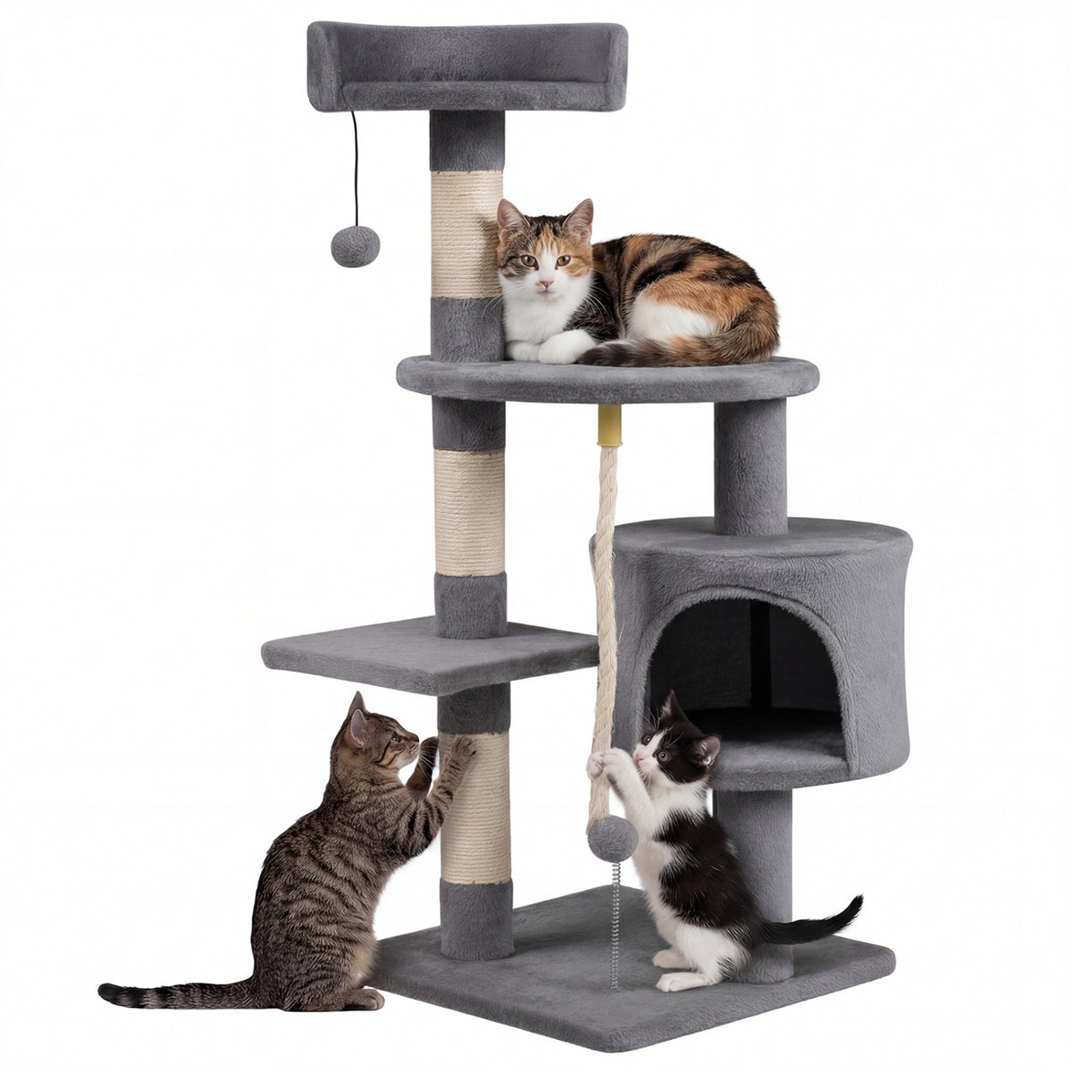 36 Inch Tall Kitten Tower with Condo and Plush Perch - Light Gray Variation