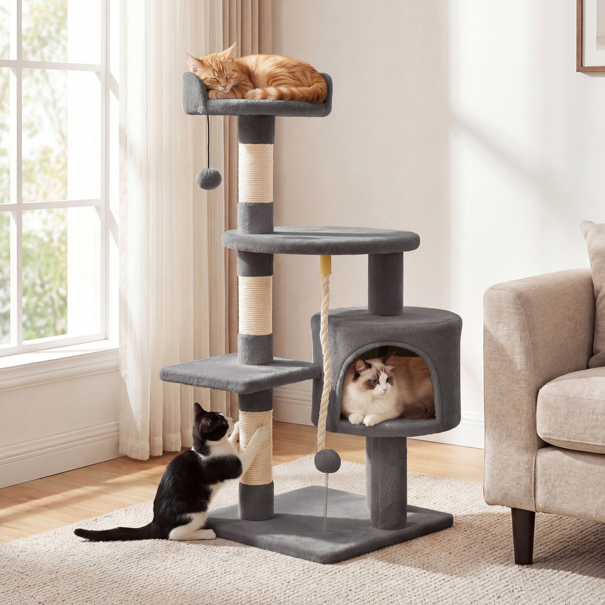 36 Inch Tall Kitten Tower with Condo and Plush Perch - Light Gray Variation