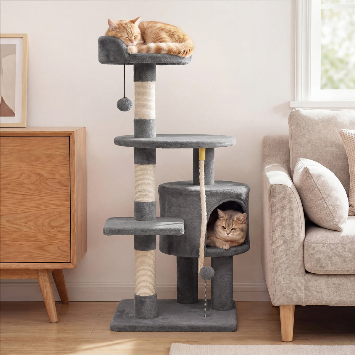 36 Inch Tall Kitten Tower with Condo and Plush Perch - Light Gray Variation