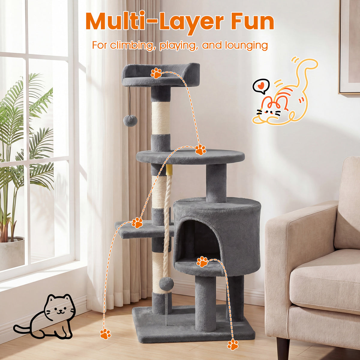 36 Inch Tall Kitten Tower with Condo and Plush Perch - Light Gray Variation
