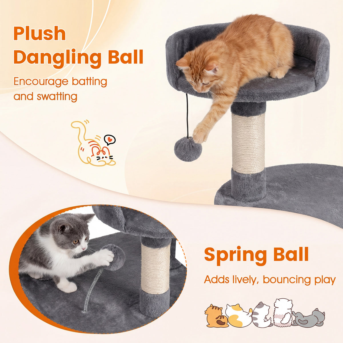 36 Inch Tall Kitten Tower with Condo and Plush Perch - Light Gray Variation