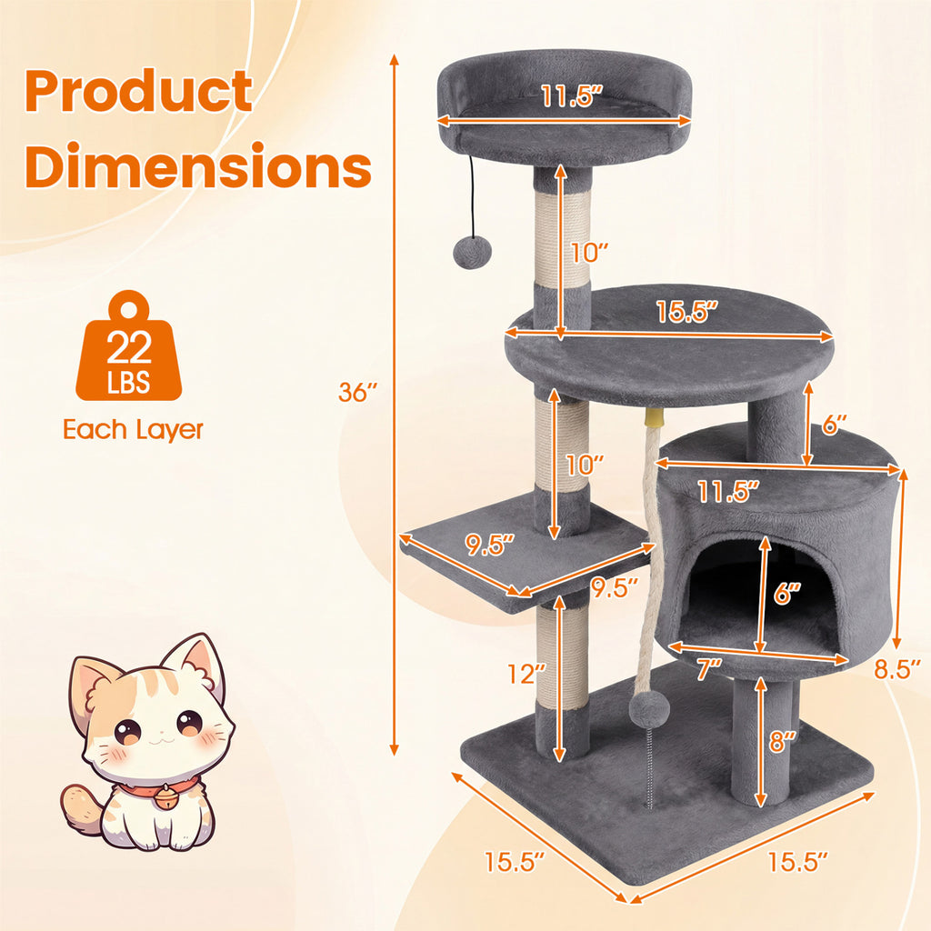 36 Inch Tall Kitten Tower with Condo and Plush Perch - Light Gray Variation