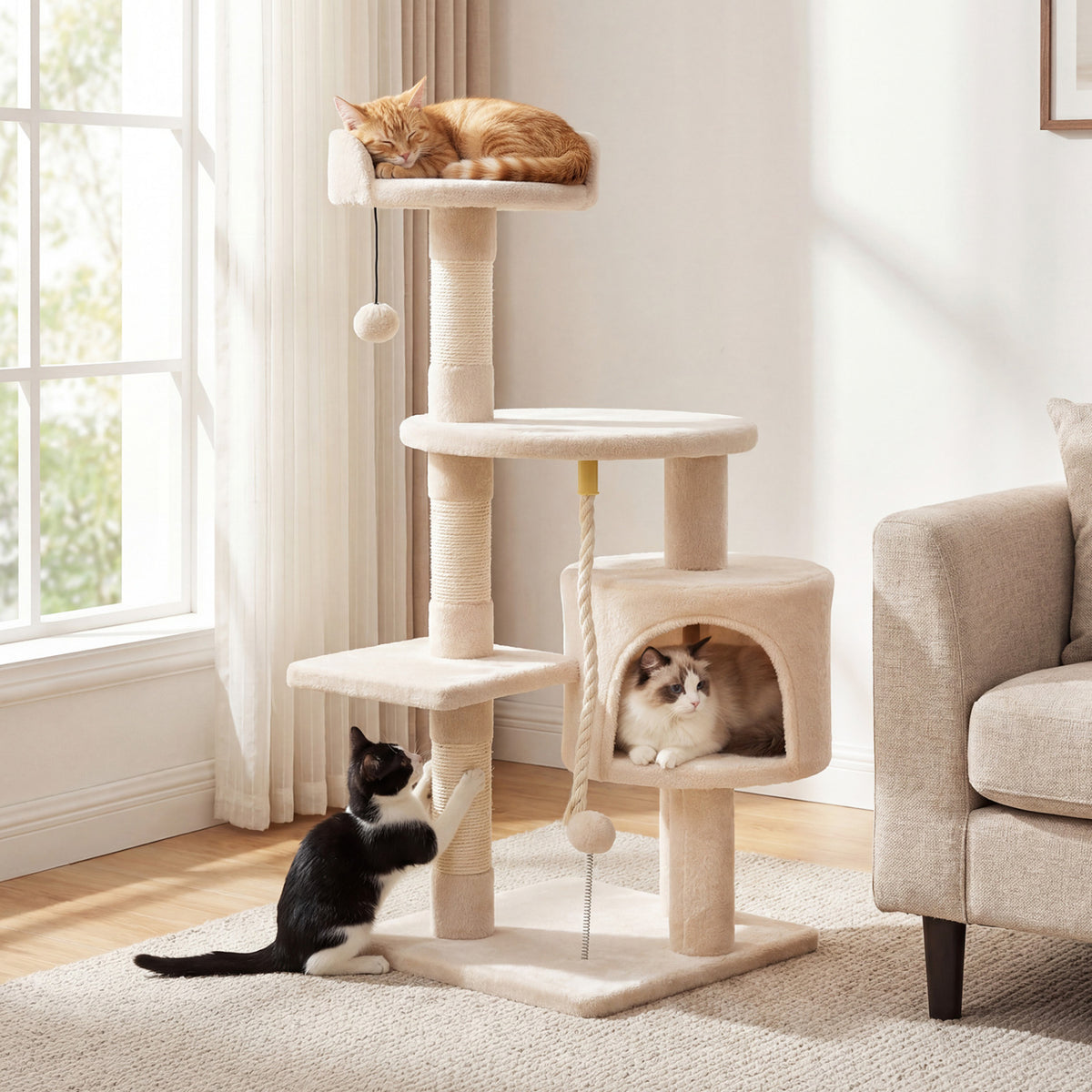 36 Inch Tall Kitten Tower with Condo and Plush Perch - Light Gray Variation