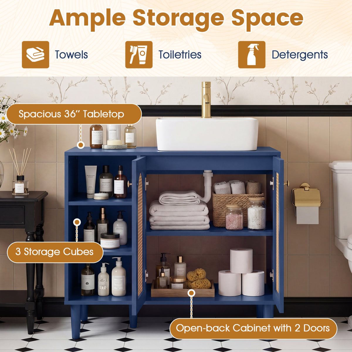 36 Inch Under Sink Cabinet for Vessel Sinks and Single-Handle Faucets