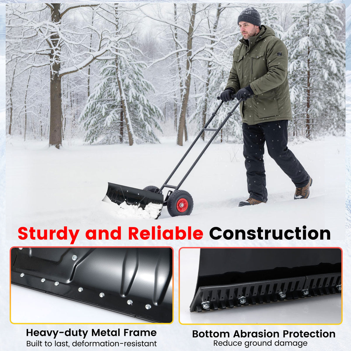 36-Inch Snow Shovel with Wheels and Adjustable Angle - Black