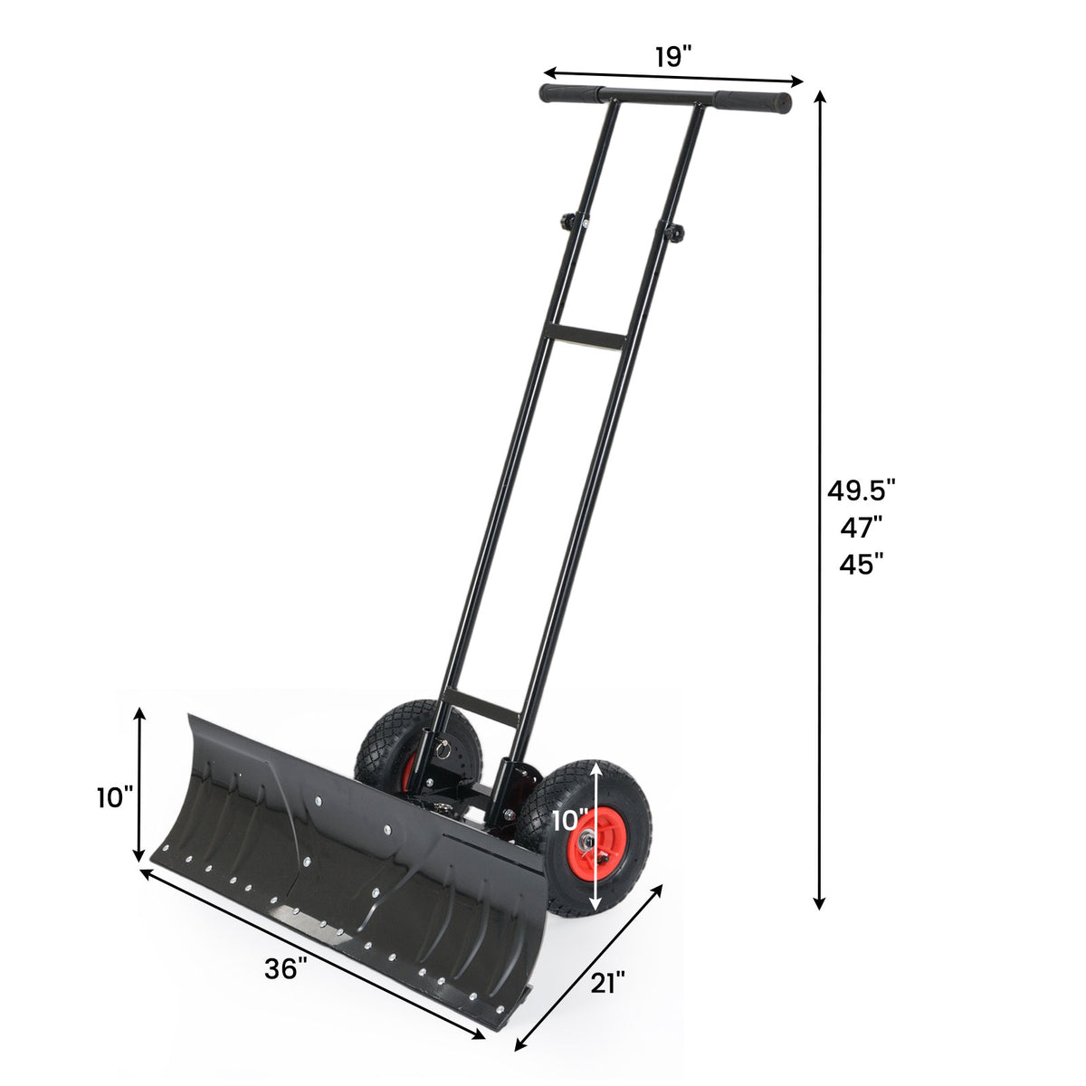 36-Inch Snow Shovel with Wheels and Adjustable Angle - Black