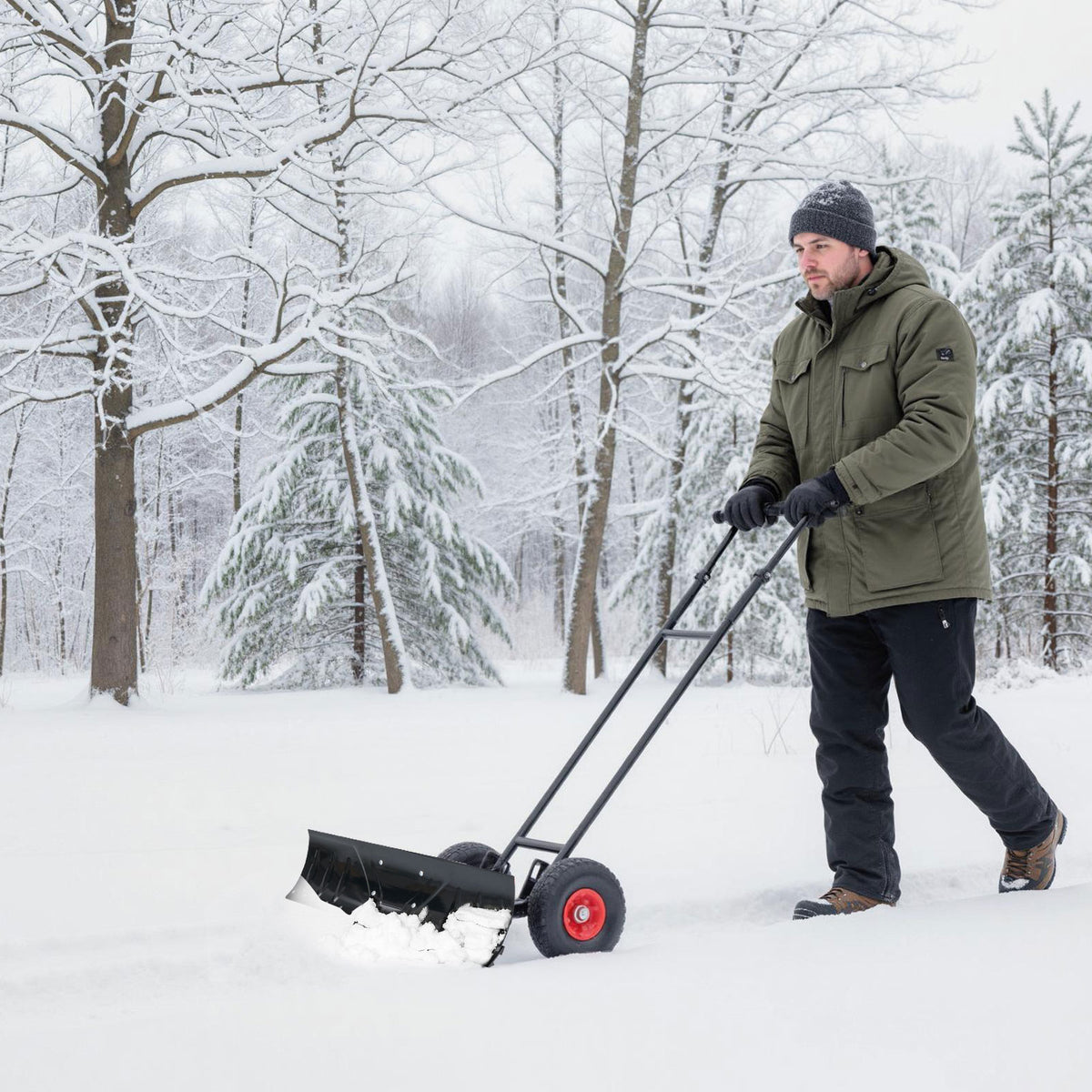 36-Inch Snow Shovel with Wheels and Adjustable Angle - Black
