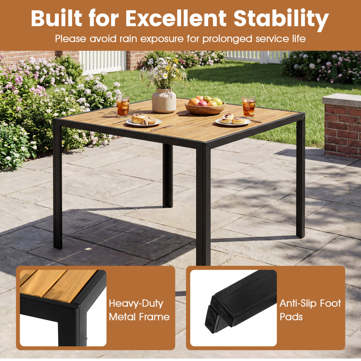 36 Inch Square Outdoor Dining Table for 4 with Slatted Top Porch