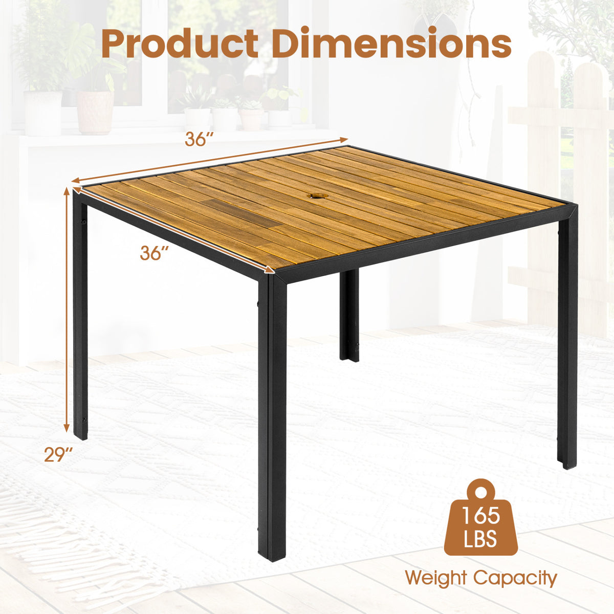 36 Inch Square Outdoor Dining Table for 4 with Slatted Top Porch