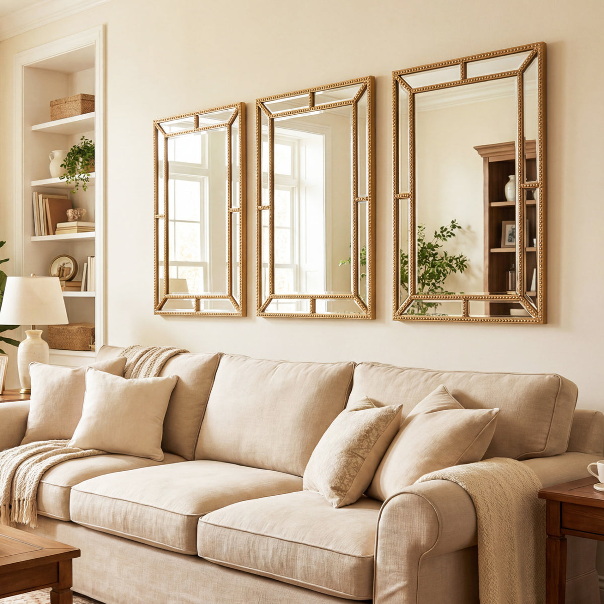 Gold Wall Mirror with Beaded Frame - 36x24 Inch Rectangular, Living Room Decor