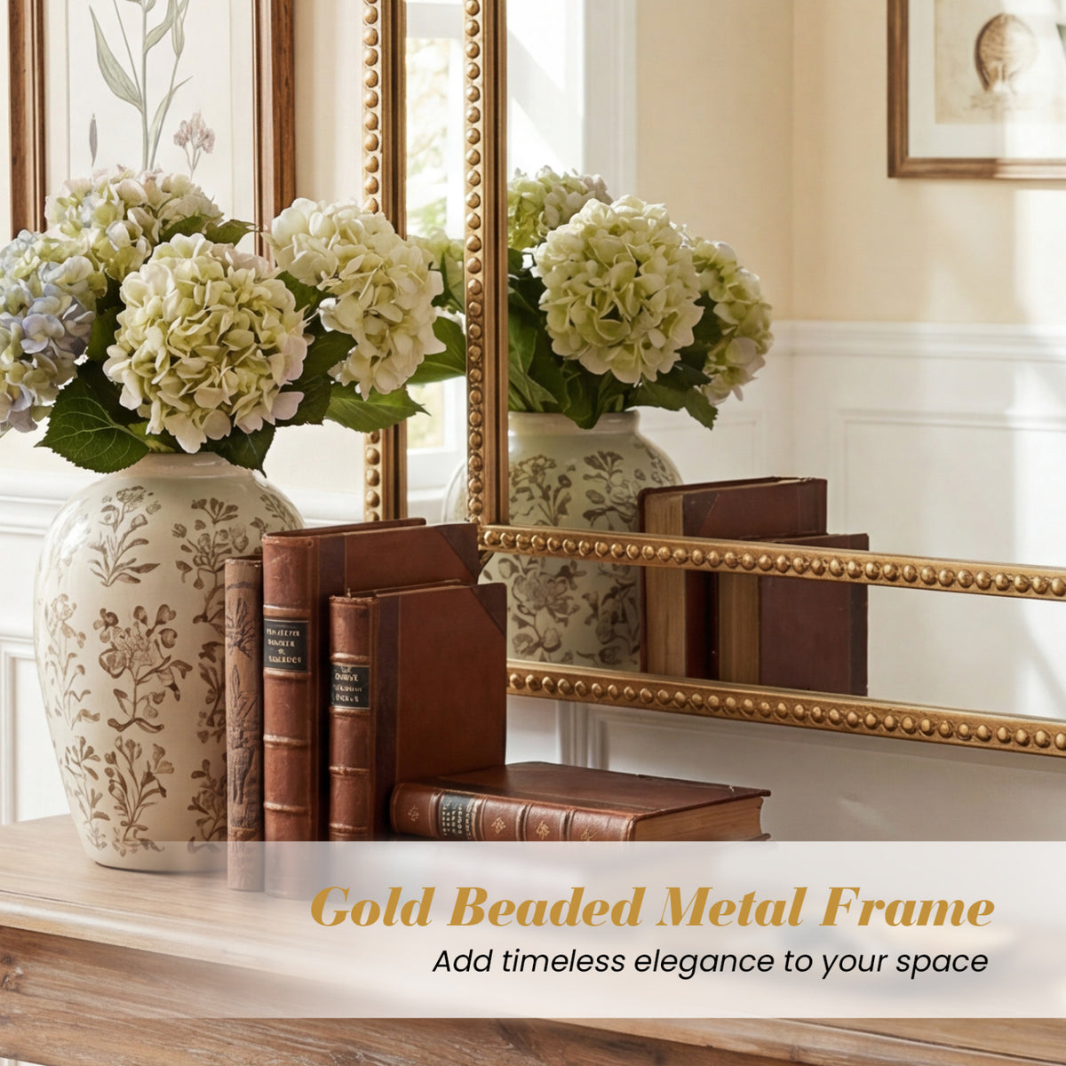 Gold Wall Mirror with Beaded Frame - 36x24 Inch Rectangular, Living Room Decor