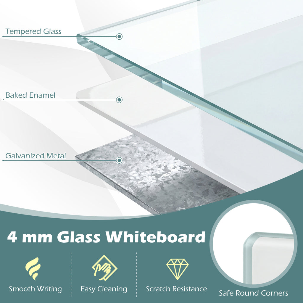36 x 24 Inches Glass Whiteboard with Eraser and Removable Tray